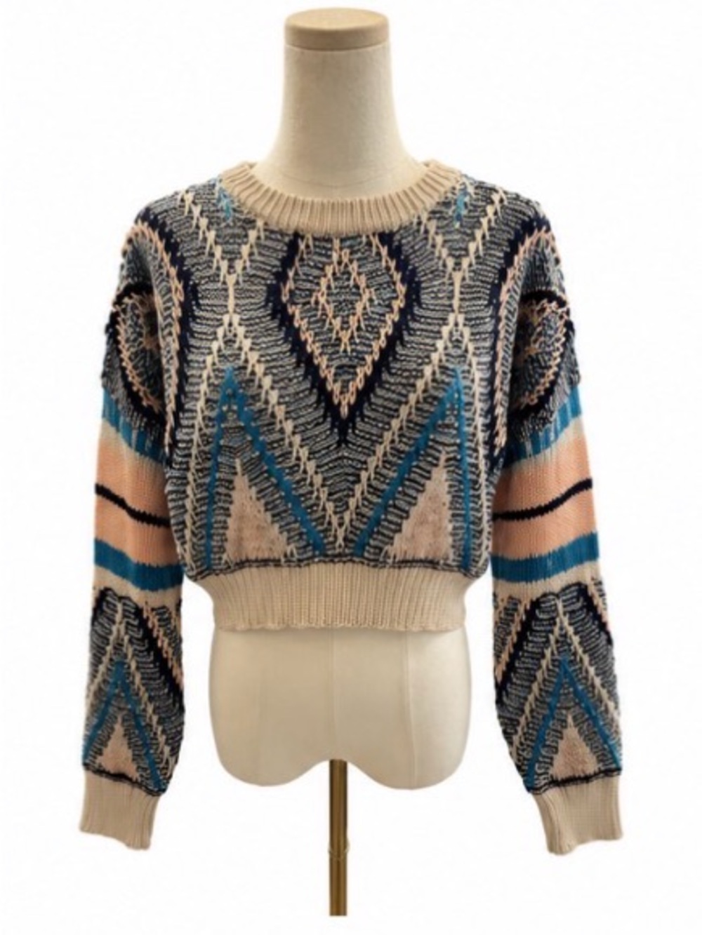 En Crème Medium Cropped Knit Sweater Blue Pink Cream Geometric Boho